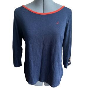 Nautica Navy Long Sleeve Tee Preppy Casual Boatneck Sailor Coastal Basic Top
